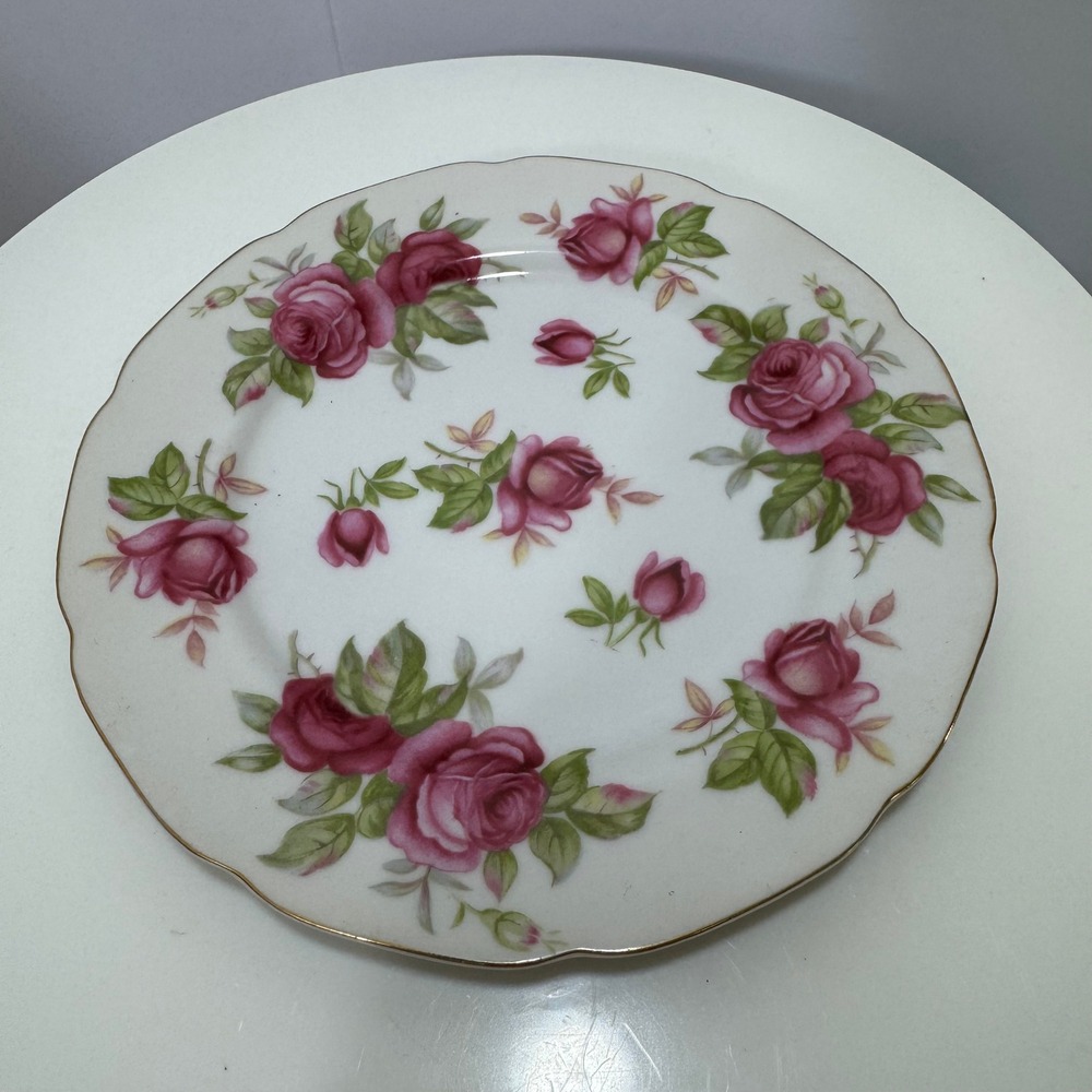 Lefton China Pink Rose Hand Painted Scallop Bread Set Of 6 Plate Gold 674R 6.25"